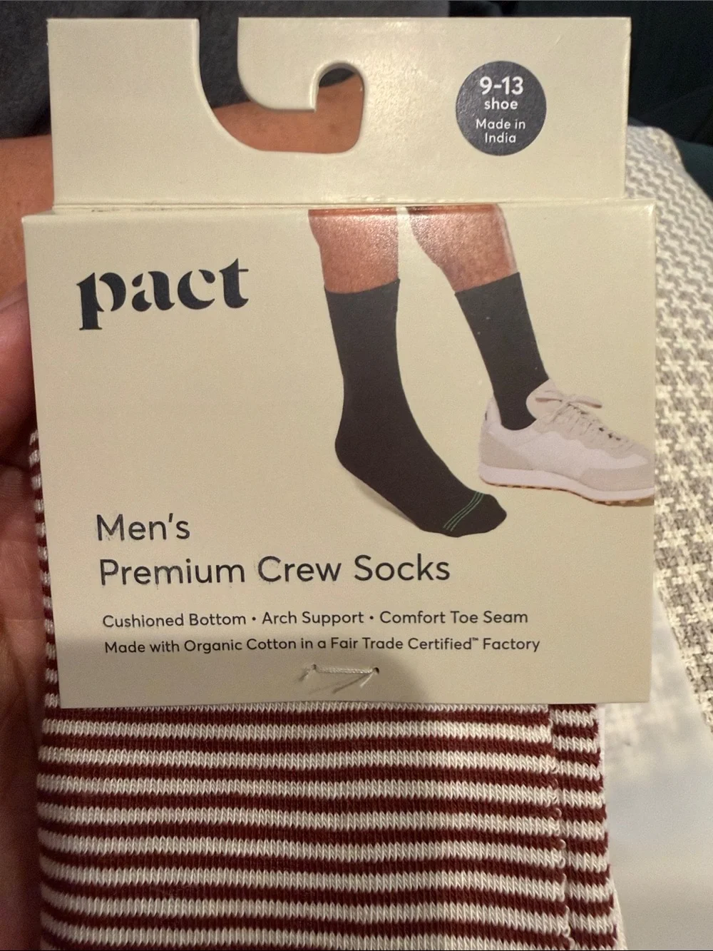 Pact Men's Crew Socks —Olive Wave & Red Stripe with Light Blue Cuff (2-Pack)